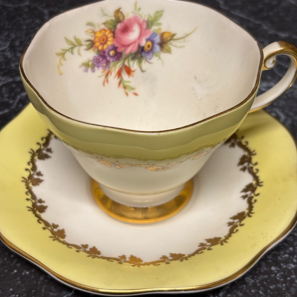 Vintage [EB Foley] Bone China Teacup & Saucer Set – Pastel Yellow & Floral